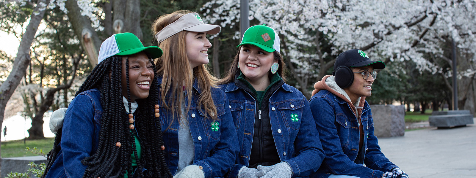 4 teenagers with blooming cherry trees