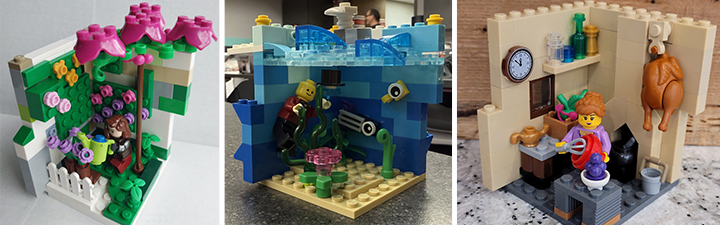 3 small scenes build out of Lego: a garden, an underwater man, and a kitchen 