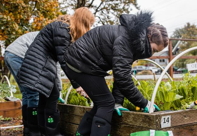 2 girls gardening in raised bed