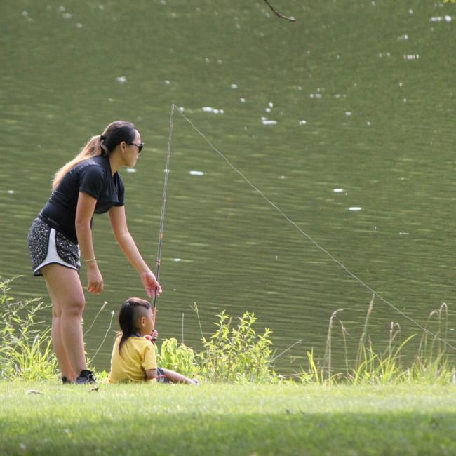 mom and son fishing