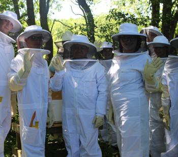 Children in beekeeper suits
