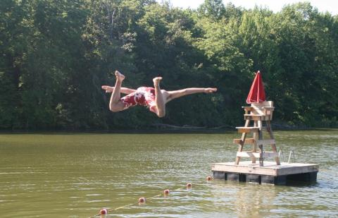 boy jumping into lake